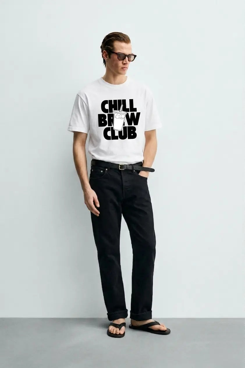 Chill_Brew_Club_White_Front_Model_T-shirt