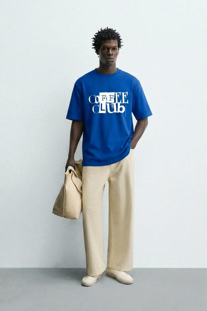Coffee_Club_Style_2_Blue_Front_Model_T-shirt