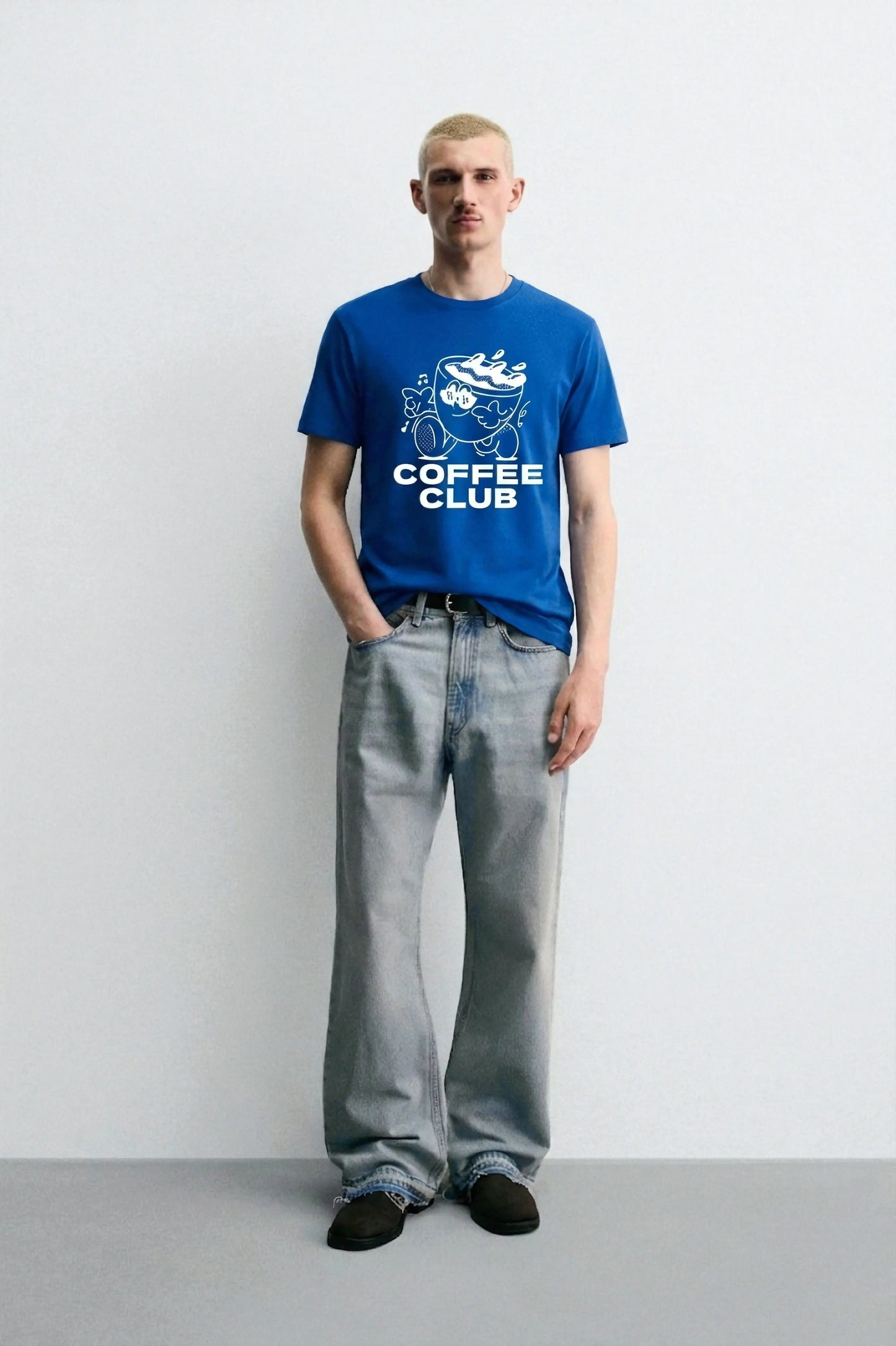 Coffee_Club_Style_3_Blue_Front_Model_T-shirt