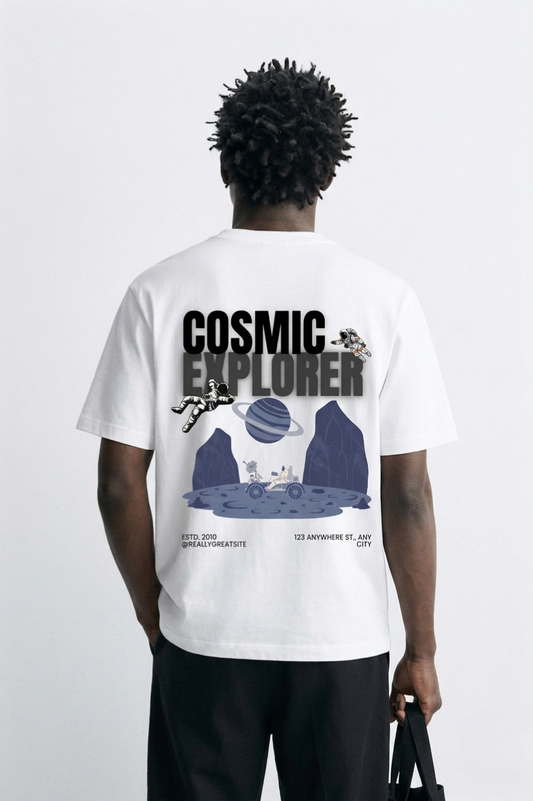 Cosmic_Explorer_White_Back_Model_T-shirt
