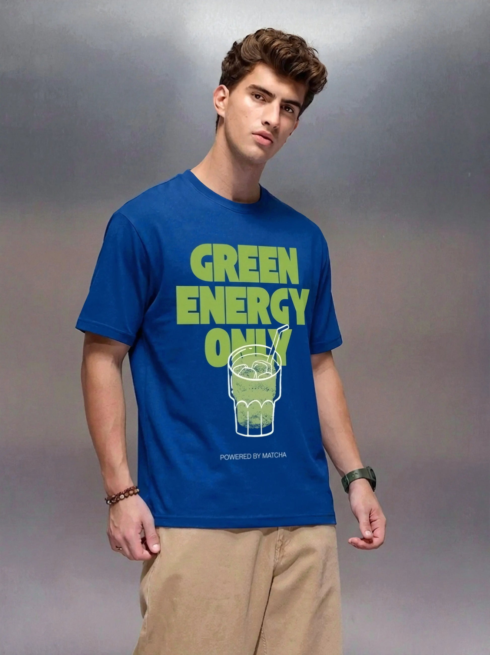 Green_Energy_Only_Powered_By_Matcha_Blue_Front_Model_T-shirt