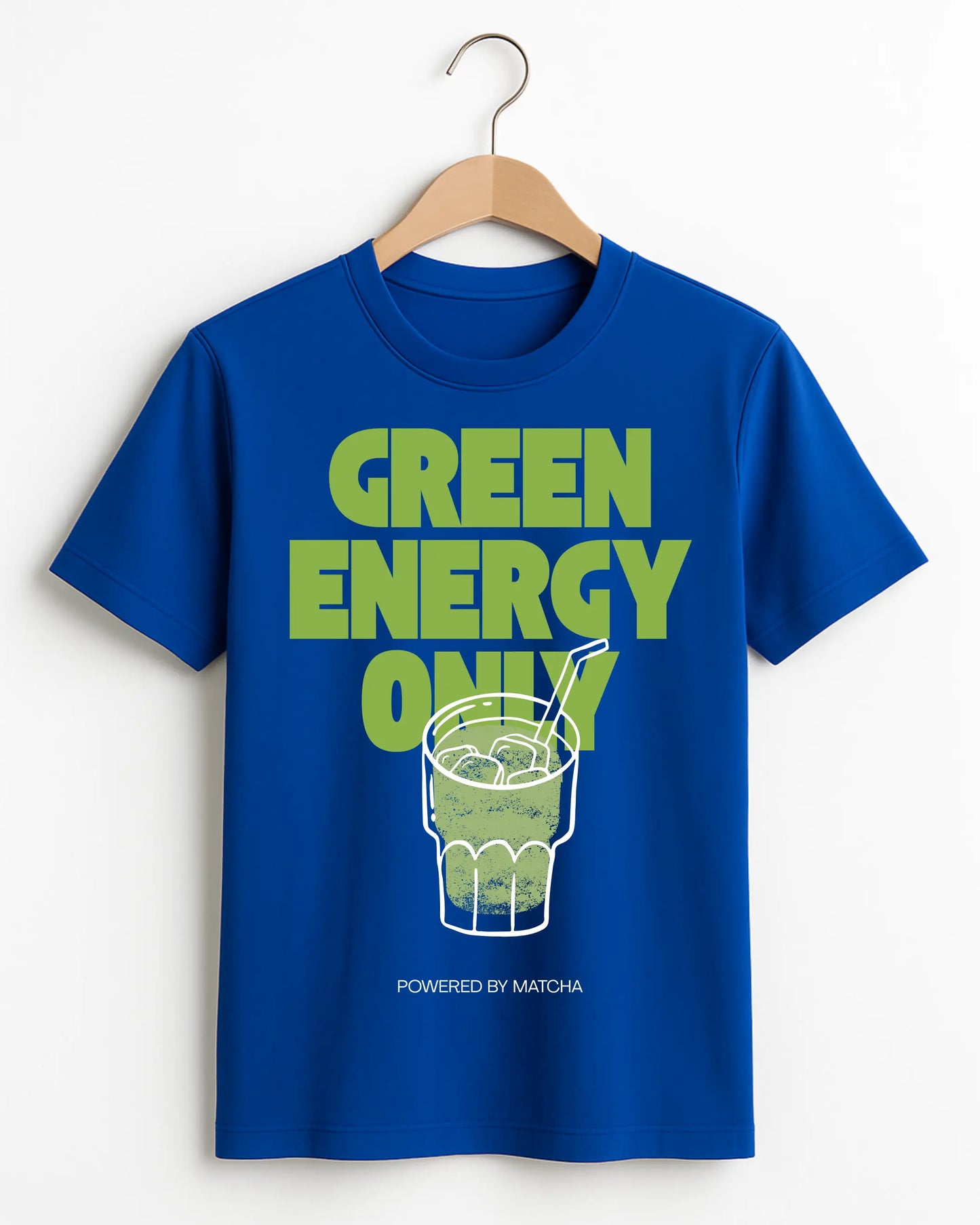 Green_Energy_Only_Powered_By_Matcha_Blue_Front_T-shirt
