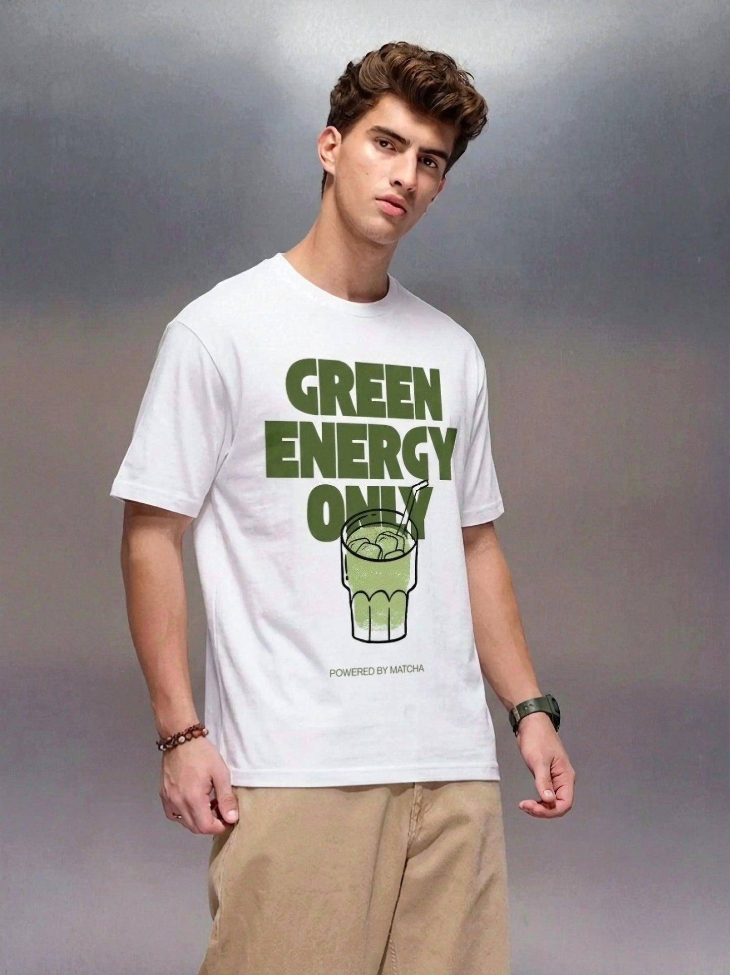 Green_Energy_Only_Powered_By_Matcha_White_Front_Model_T-shirt