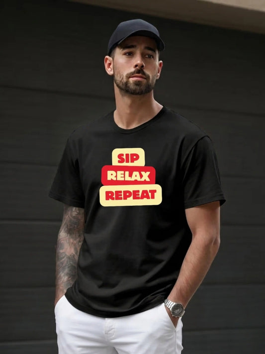 SIP._RELAX._REPEAT._Black_Front_Model_T-shirt