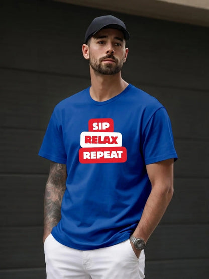 SIP._RELAX._REPEAT._Blue_Front_Model_T-shirt