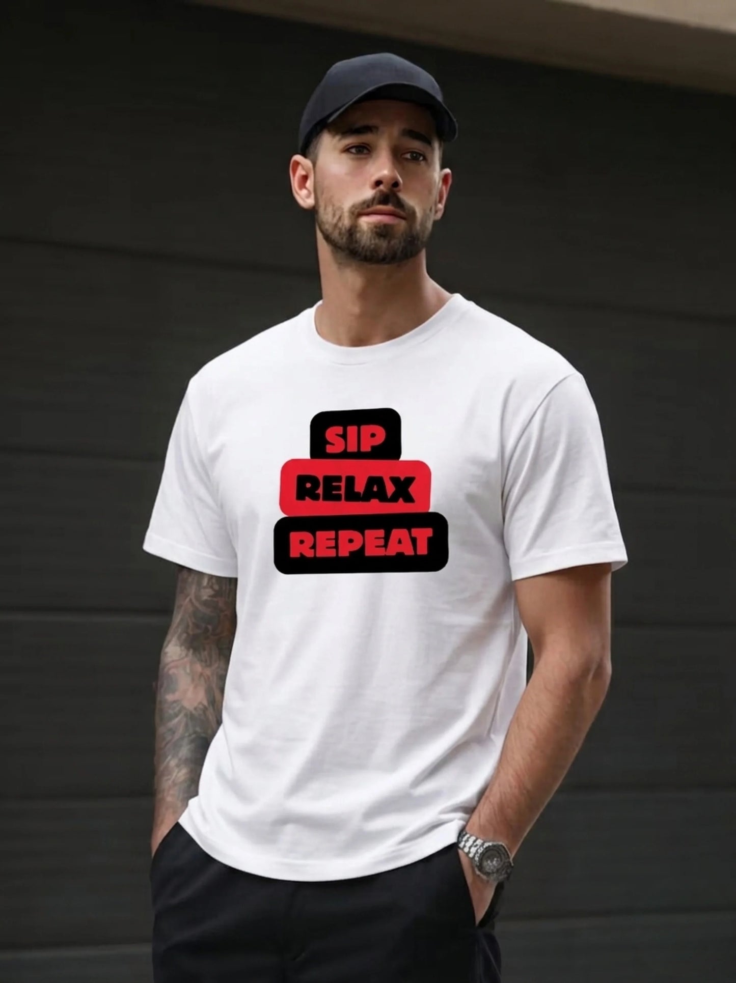 SIP._RELAX._REPEAT._White_Front_Model_T-shirt