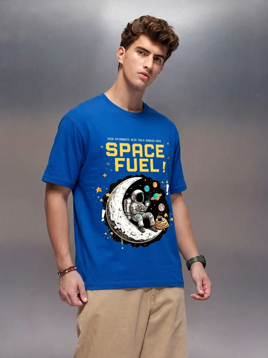 Space_Fuel_Blue_Front_Model_T-shirt